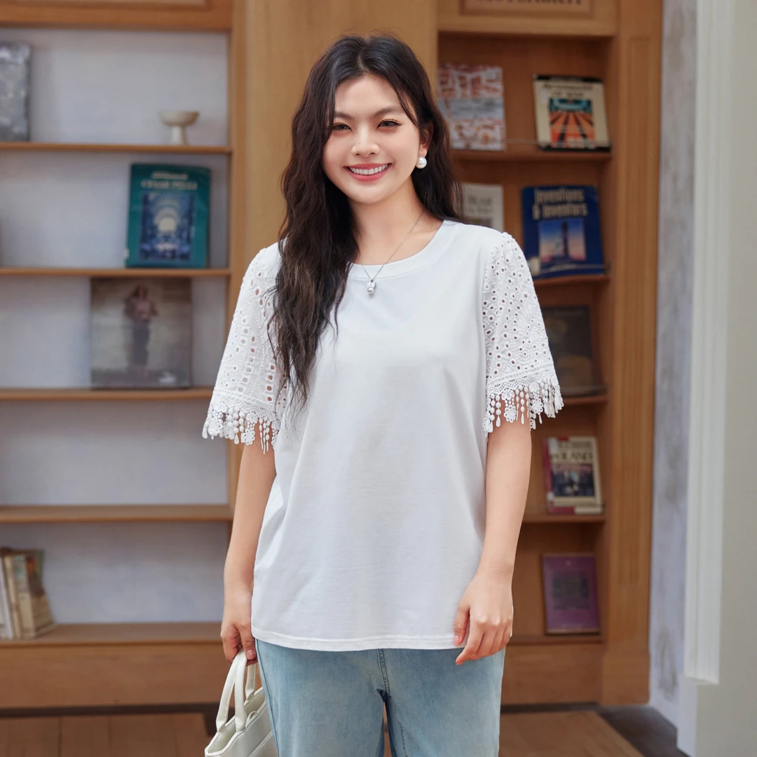 【莱赛尔】MsShe大码女装2025夏季拼接镂空水溶刺绣流苏T恤C2505001