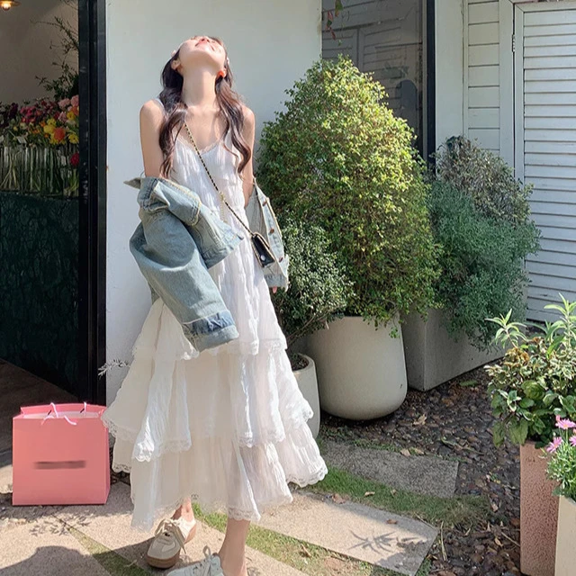 蛋糕裙白色吊带连衣裙女2025夏季新款海边度假风蛋糕裙沙滩长裙