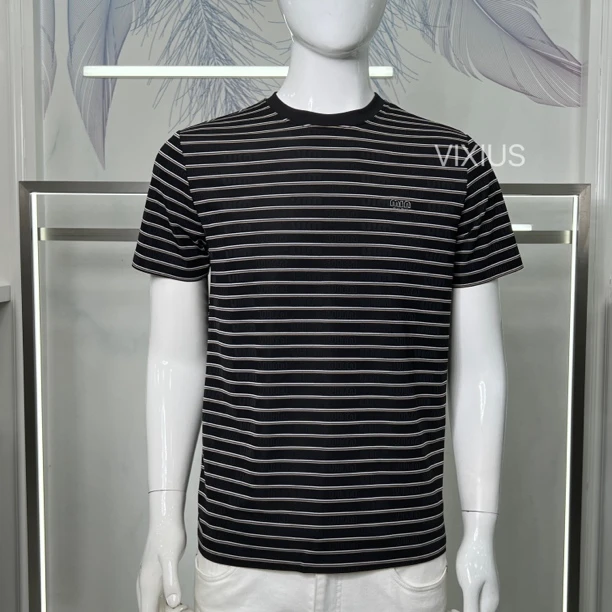 VIXIUS/维哲25春夏新品薄款男士百搭条纹提花短袖圆领T恤#V119