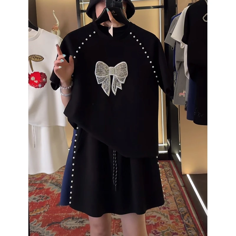法式休闲运动套装女2025夏季钉珠镶钻蝴蝶结短袖上衣半身裙两件套