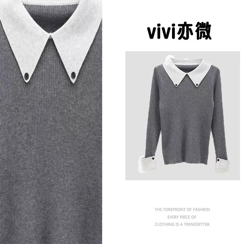 【vivi亦微  |】方领纽扣翻袖打底针织长袖百搭羊毛衫ly10271