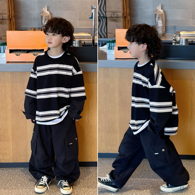 凯文家童装2025年 春季新品男童中大童韩版条纹T恤儿童假两件长袖