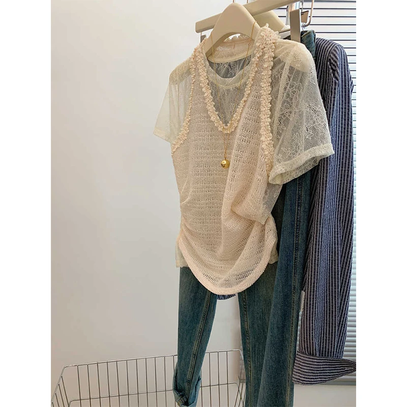 假两件设计感短袖蕾丝T恤女2025夏季新款独特漂亮不撞款微透上衣