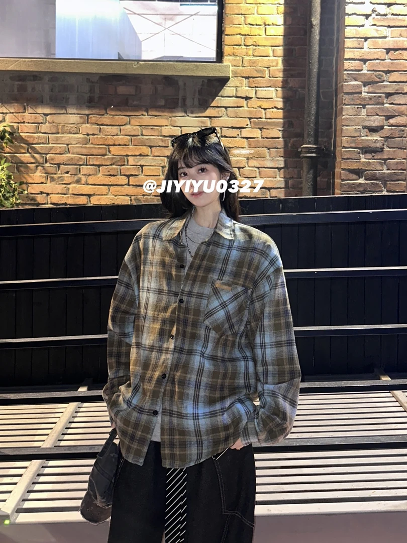 美式复古宽松长袖衬衫男女春秋新款海盐慕斯设计感格子衬衣薄外套