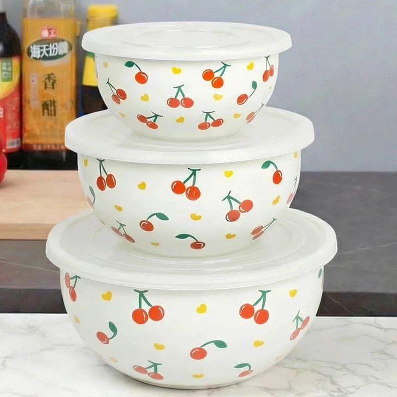 欧丽家珐搪瓷樱桃搪瓷盆带盖家用厨房收纳盆冰箱保鲜搅拌和面盆