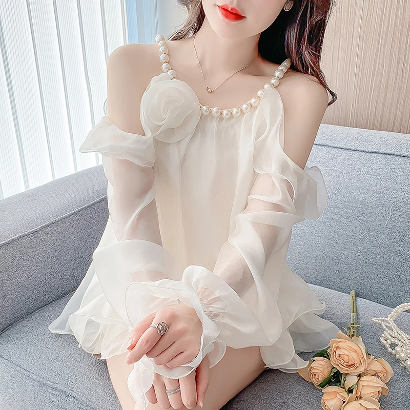 法式珍珠挂脖露肩雪纺衫女春秋新款高级感缎面衬衫甜美荷叶边上衣