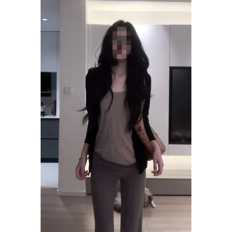 2025早秋新款韩系穿搭长袖针织开衫百搭修身背心高腰显瘦阔腿长裤