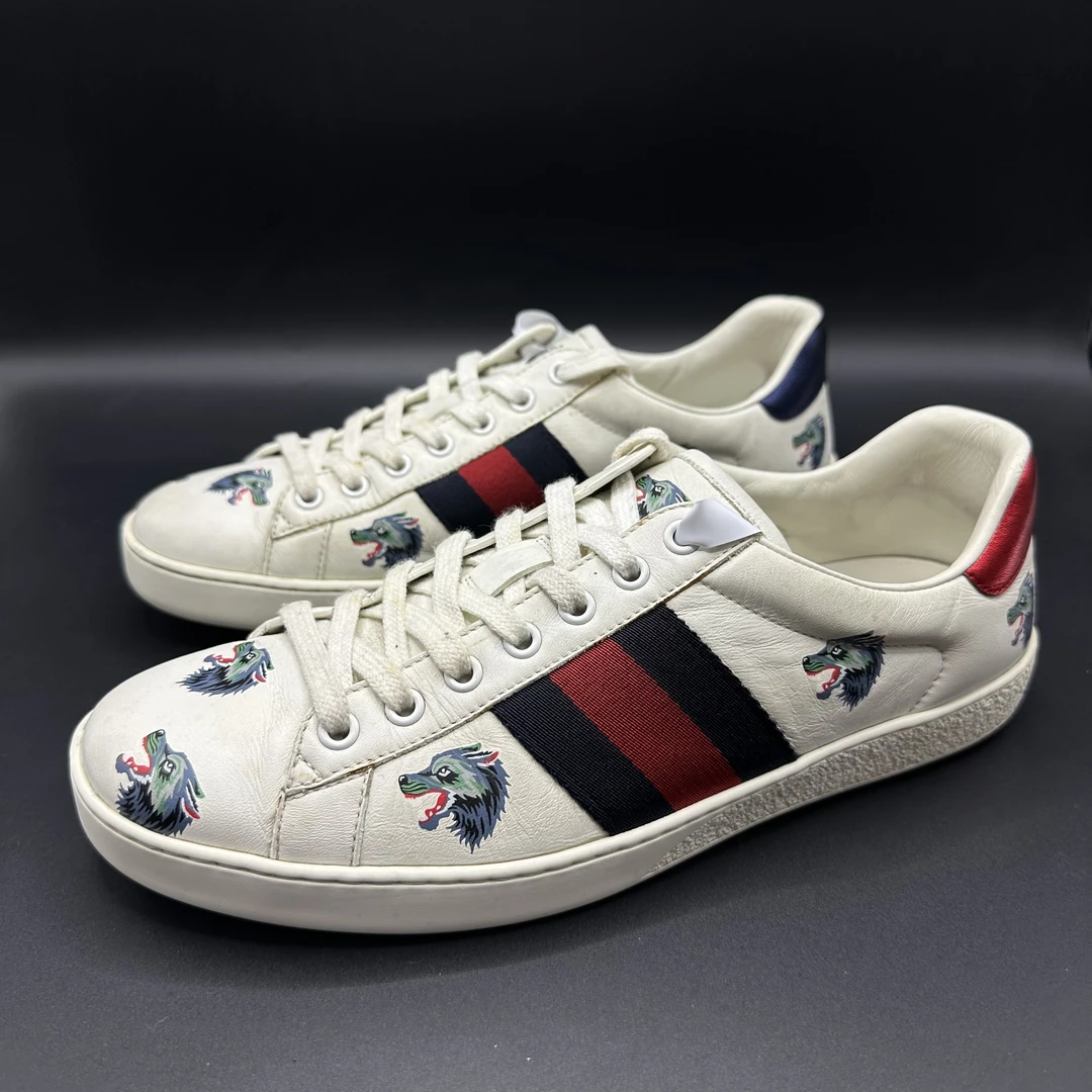 95新 GUCCI/古驰 男士白色百搭休闲低帮狼头板鞋41欧码 lb075