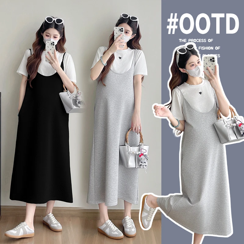 2025孕妇装夏季宽松不勒肚吊带连衣裙孕妇套装时尚洋气显瘦两件套