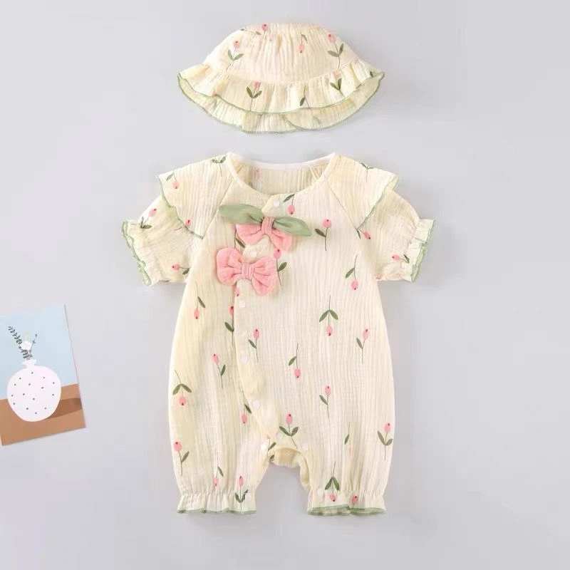 【小灿宝】纱布郁金香短爬 婴儿衣服夏装新生女宝宝连体衣公主洋气