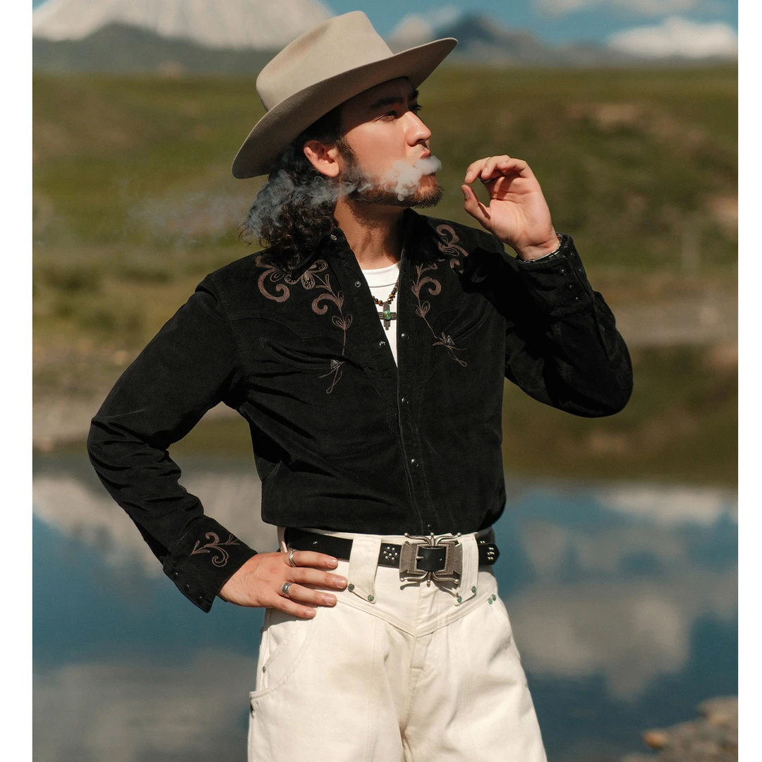 西部系列11.5OZ黑色水洗灯芯绒 玉米花绣花音乐家衬衫 MBBCAR窄幅