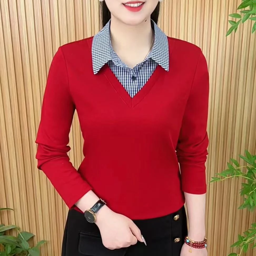 妈妈装POLO领t恤衫2025新款拼色休闲上衣春季假两件长袖打底衫女