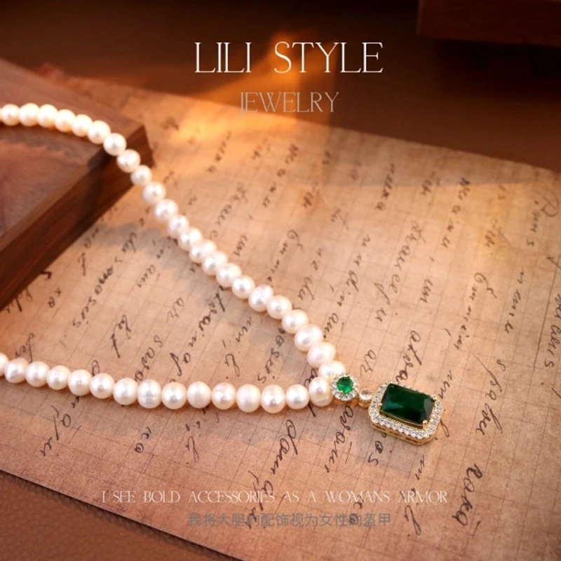 铜合金吊坠 高级绿色吊坠珠珠项链锁骨链简约高级感串珠颈链K068