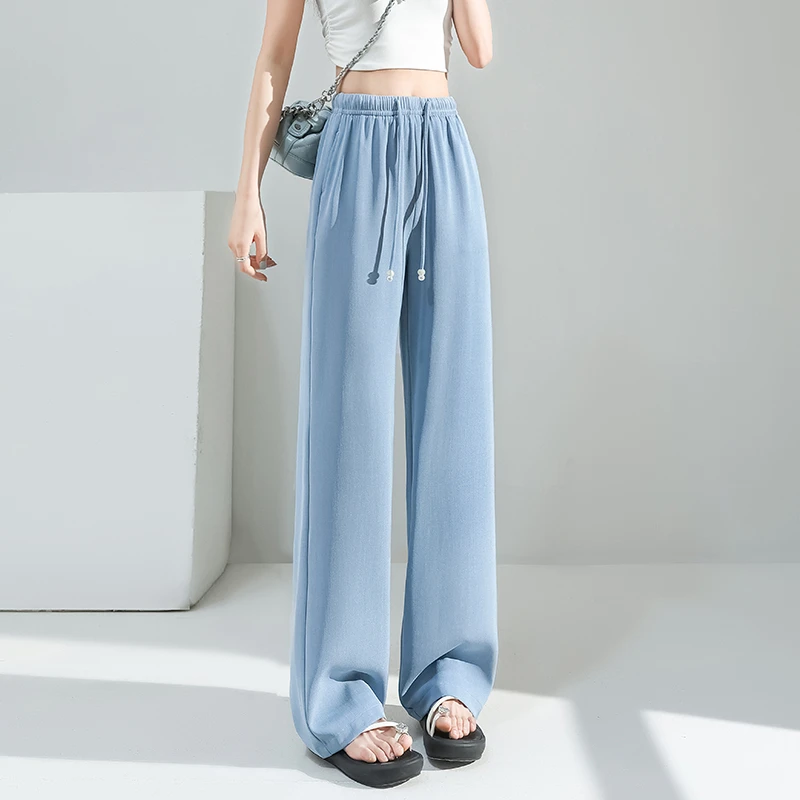 冰丝窄版阔腿裤女高腰夏薄季2025新款宽松直筒裤显瘦垂感拖地裤子