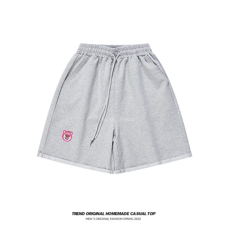 【短裤休闲裤印花抽绳裤子夏季系列】粉草莓.熊卷边宽松短裤五分裤