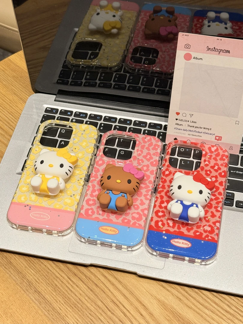 Ins风时尚拼接豹纹立体KT支架双面壳适用苹果16/15/14防摔手机壳