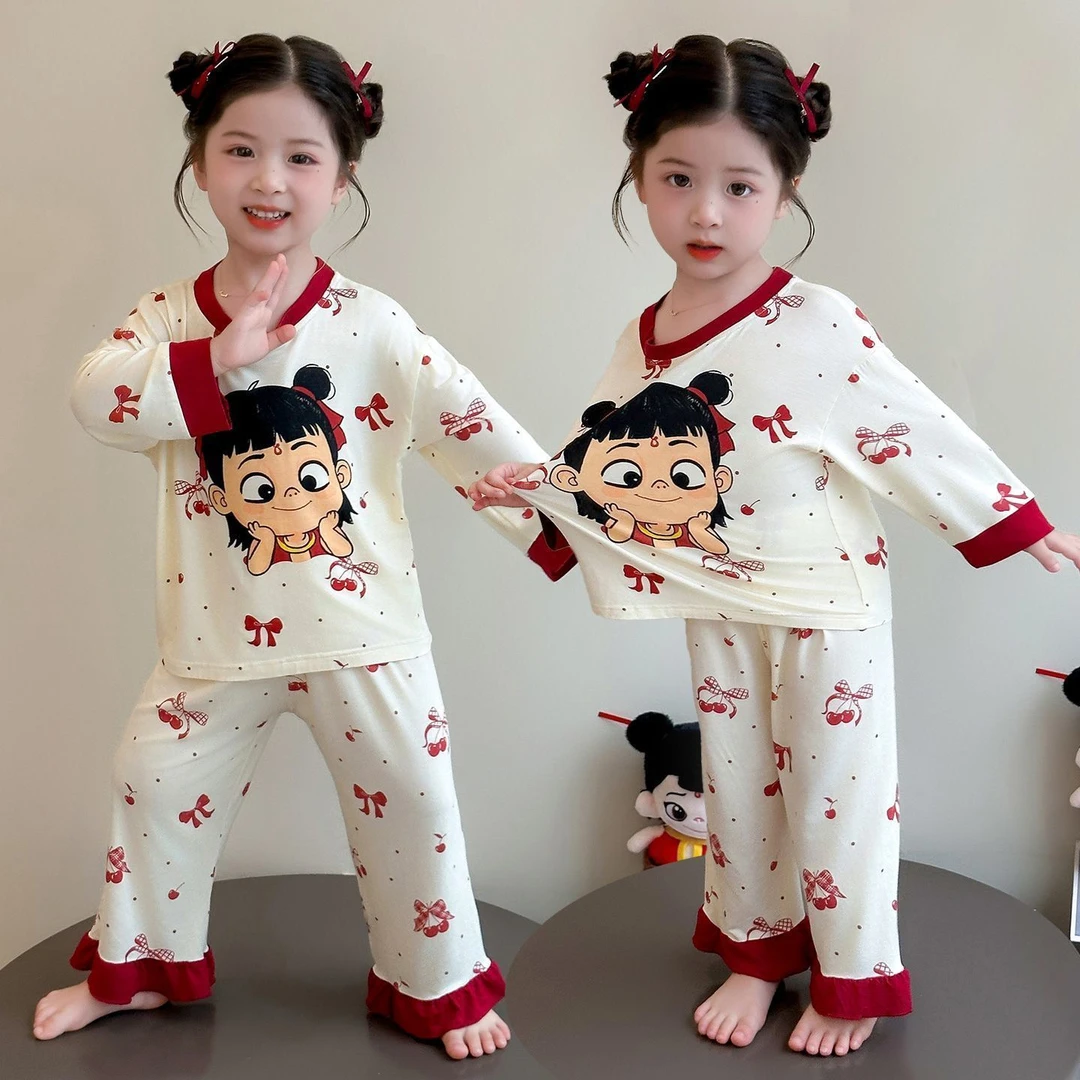 女童睡衣2025新款儿童卡通哪吒长袖长裤套装宝宝春秋家居服两件套