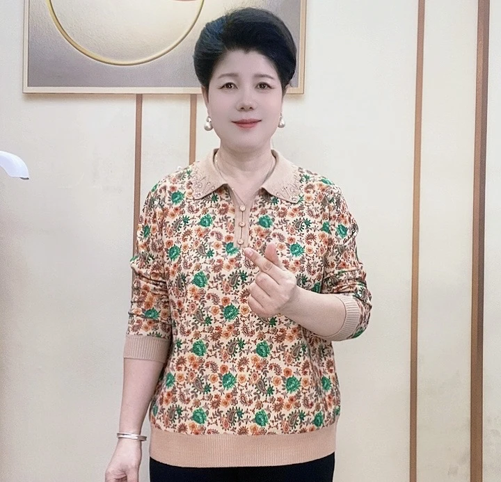 妈妈春秋季洋气翻领宽松针织长袖打底衫