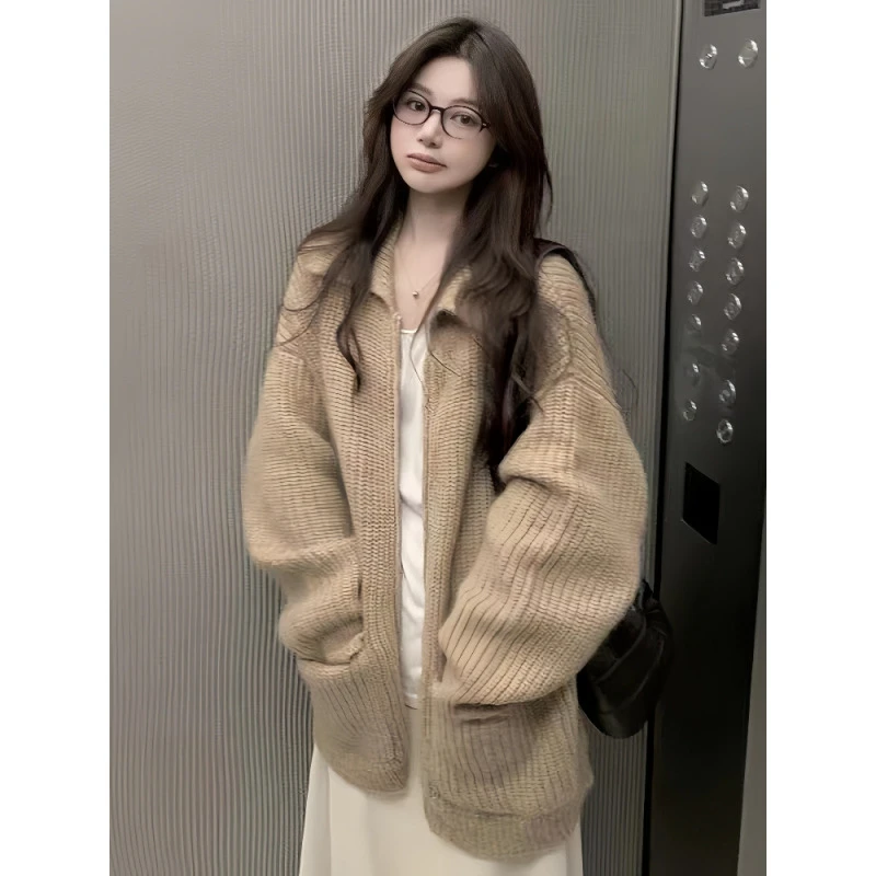 韩系软糯糯拉链毛衣开衫女2025秋冬慵懒风宽松加厚针织衫上衣外套