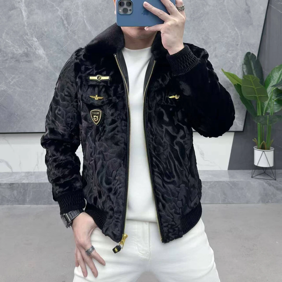 2025秋冬新款男士立领外套仿貂绒加厚保暖高档刺绣男装大衣D8101