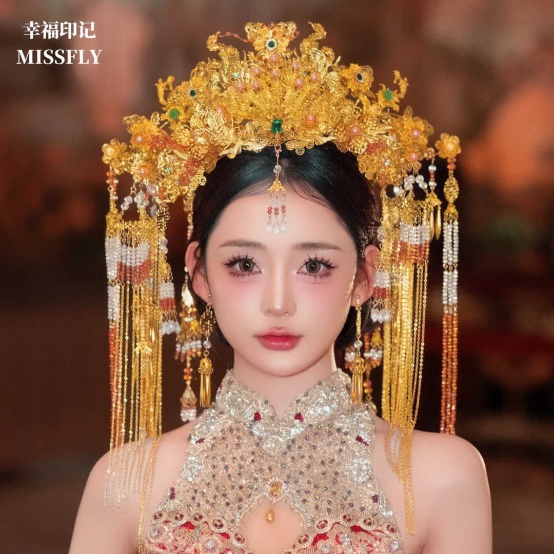 金色奢华喜字大凤冠后区中式汉服婚礼结婚配饰品秀禾龙凤褂头冠