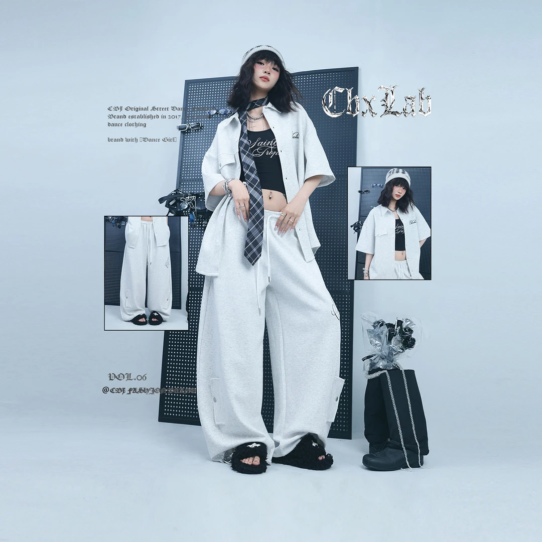 CBXLAB街舞潮牌白灰街头嘻哈宽松短袖慵懒美式上衣简约跳舞衬衫潮