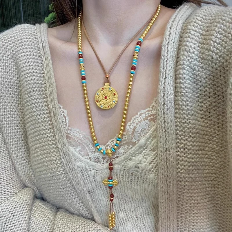 铜合金项链 新中式佛珠红蓝项链女金店同款国风多圈手链送闺蜜