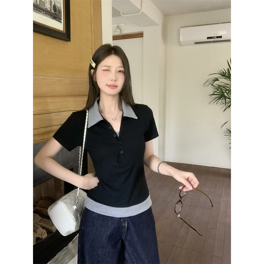 大码胖MM韩系假两件翻领短袖T恤夏季新款修身设计感上衣