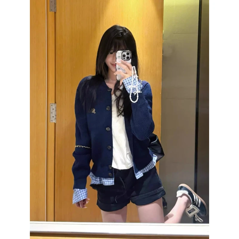 炸街高级感学院风秋冬新款假两件针织开衫女百搭设计感拼接毛衣潮