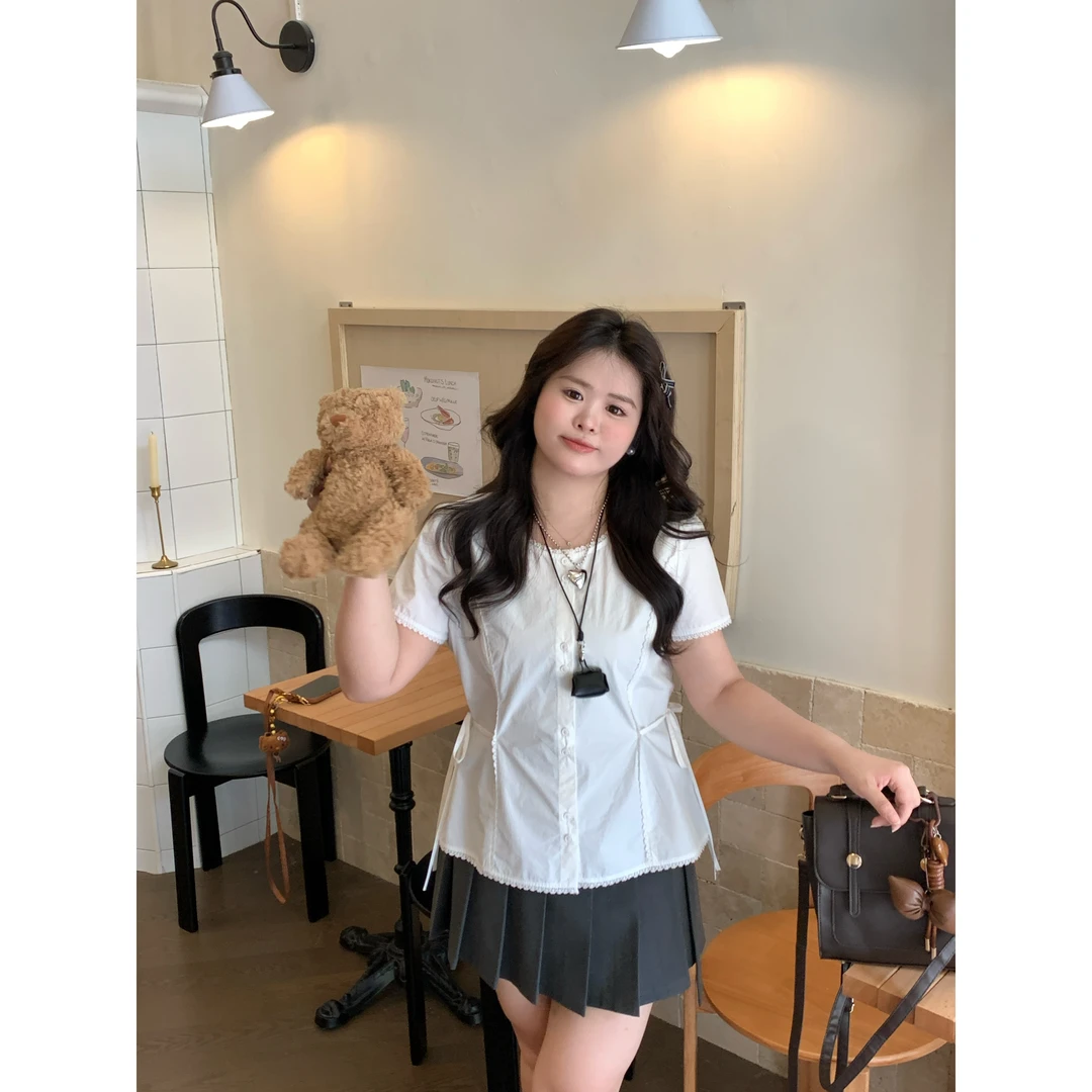 【安德日记】大头婷微胖定制夏季衬衫绑带收腰蕾丝花边短袖上衣