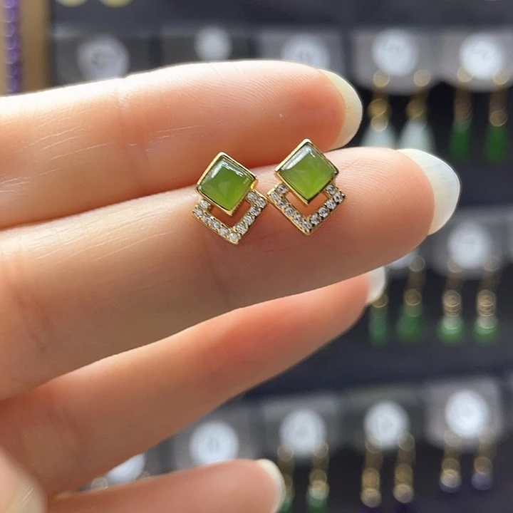 和田玉银S925镶嵌耳饰