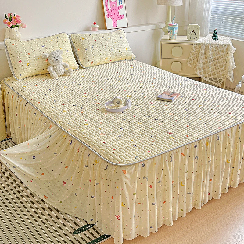 慢生活家纺夏季冰丝空调软席乳胶三件套加厚床裙款可水洗单件凉席