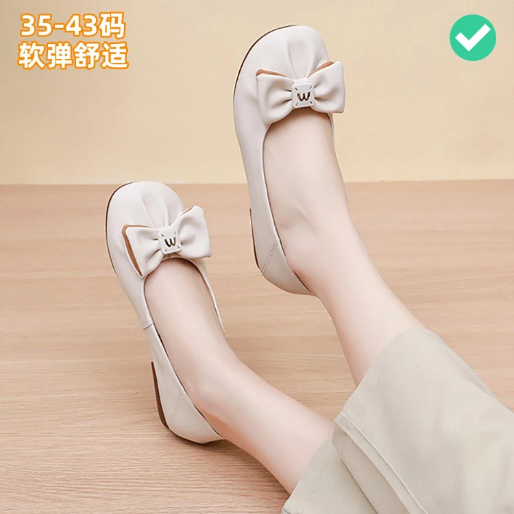 春夏蝴蝶结浅口豆豆鞋真皮防滑大码单鞋女41-42-43软弹舒适蛋卷鞋