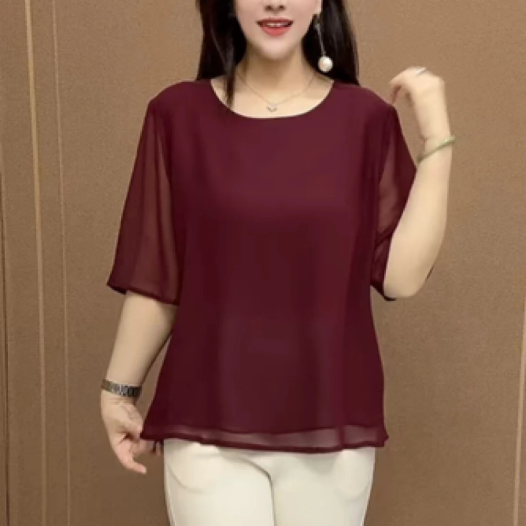 夏季爆款圆领珍珠纱短袖洋气时尚百搭小衫