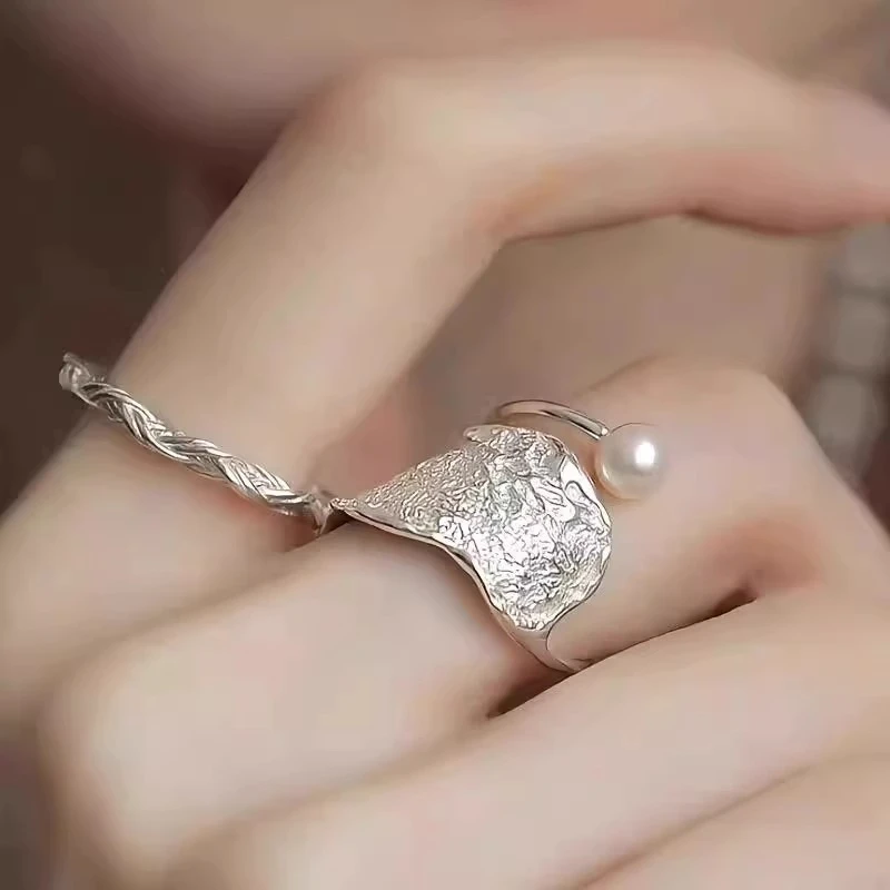 双层珠珠戒指女款新中式小众设计锡纹肌理高级感开口可调节食指环