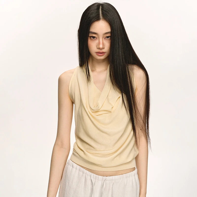 anna aneae黄色荡领挂脖上衣女夏季外穿设计感小众美背无袖背心潮