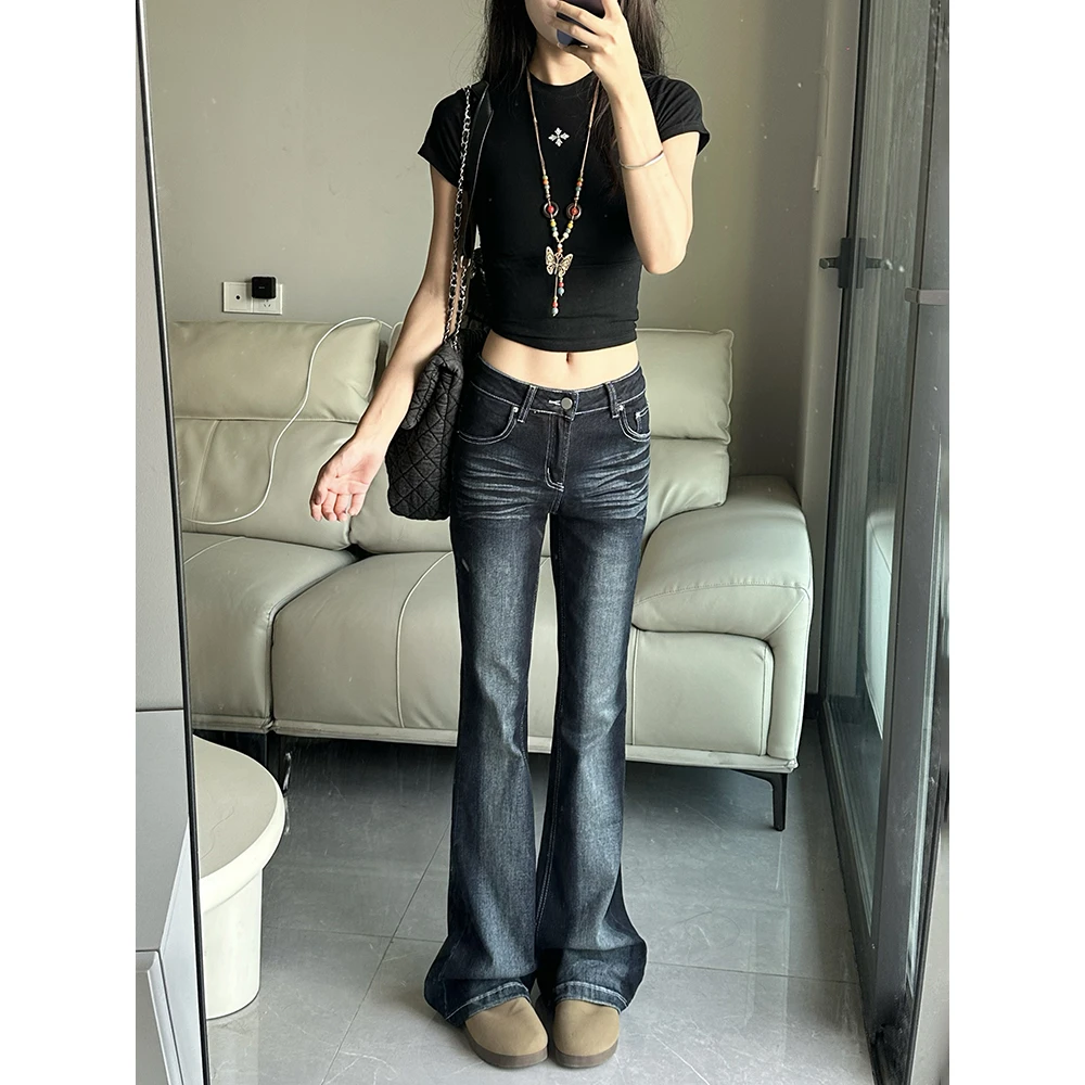 美式复古水洗猫须微喇叭牛仔裤女秋季新款小众设计感宽松直筒裤子