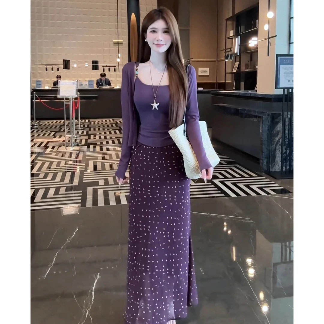 早秋江浙沪千金穿搭轻奢高级感女人味茶里茶气紫色吊带半身裙套装