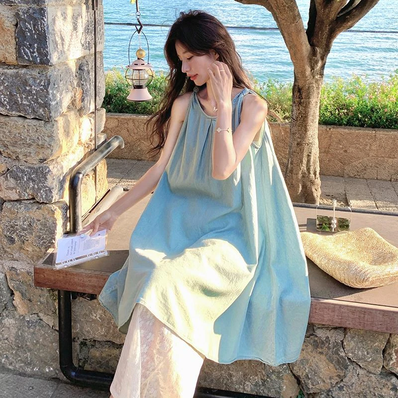 设计感宽松无袖小众背心连衣裙阔腿裤套装女款夏季小个子中长裙