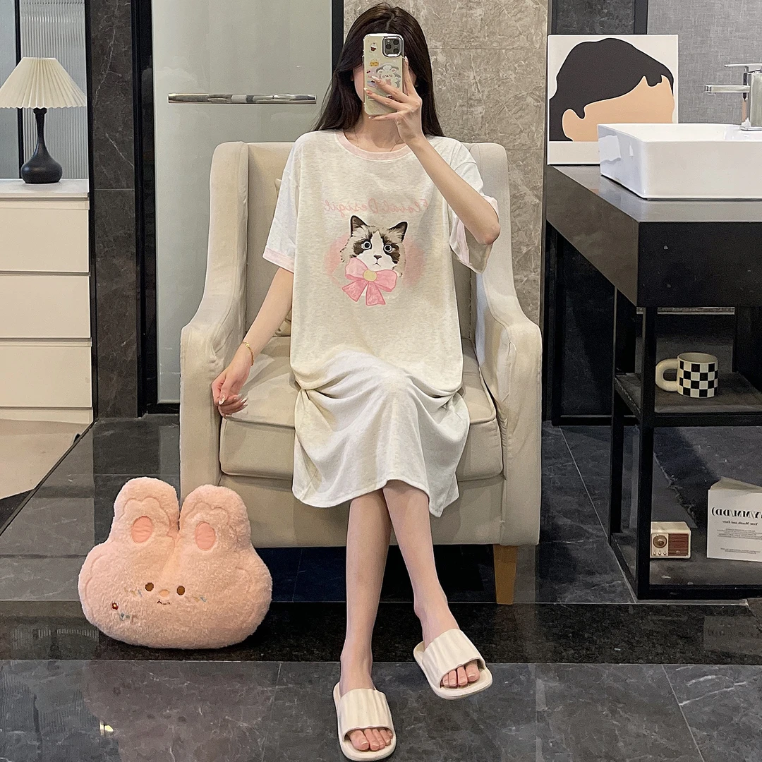 网红风睡裙睡衣女生夏季短袖凉感2025新款大码可外穿领结猫家居服