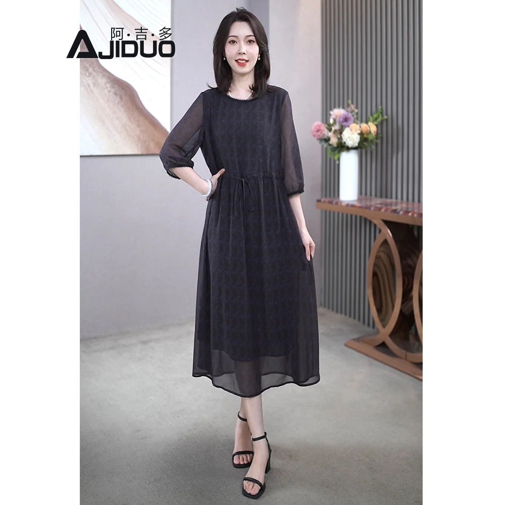 A22219大码时尚收腰连衣裙女2025夏季新款气质时尚宽松七分袖裙子