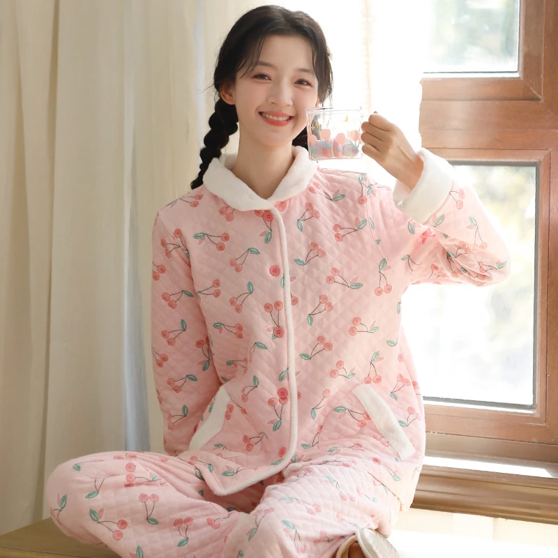 冬季睡衣女款空气棉甜美樱桃套装2025新款加厚可外穿宽松家居服