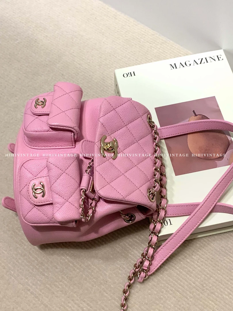 99新 Chanel/香奈儿 粉金荔枝纹Duma双肩青蛙包 芯片款