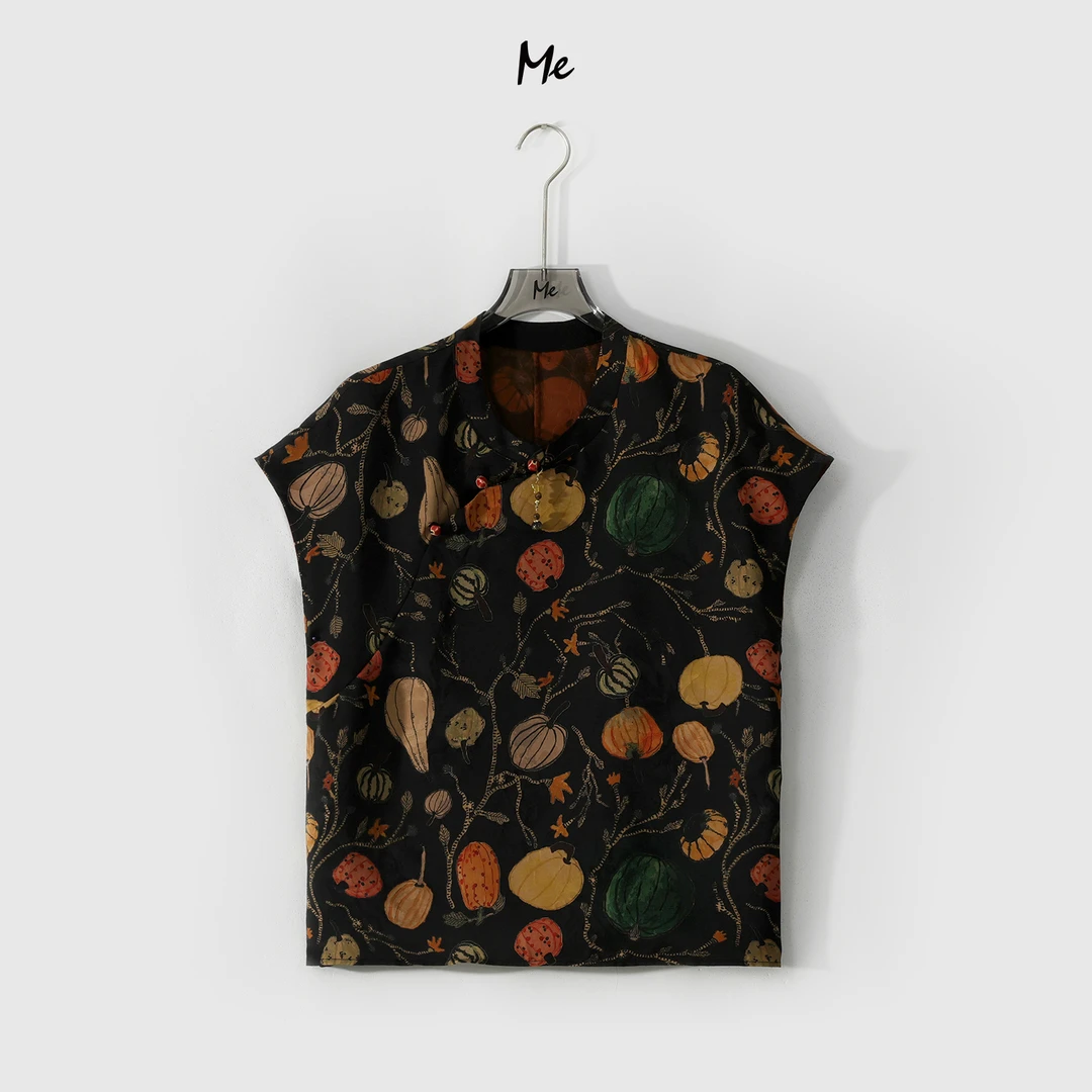 ME【100%真丝南瓜旗袍】复古国风显瘦时尚百搭植物印花上衣MESS6644