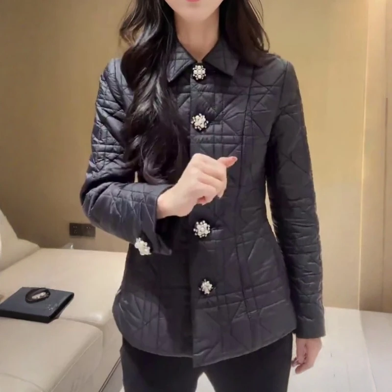 韩版时尚洋气百搭菱形格棉服女2025冬季新款简约通勤收腰显瘦棉袄