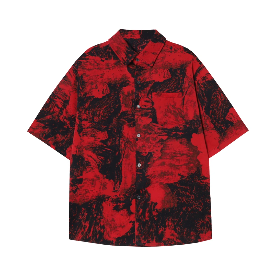 CS21夏季新款潮流复古印花男士衬衫时尚百搭休闲上衣宽松扎染短袖