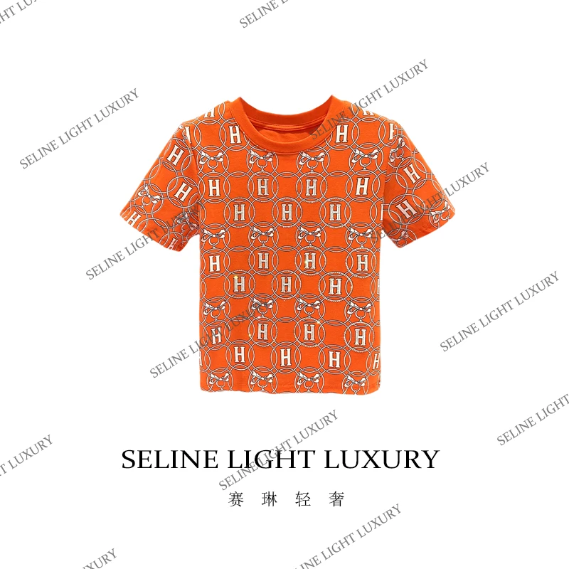 【25C-168】2025 SELINE 轻奢原创重工橙色H字母印花圆领短袖T恤