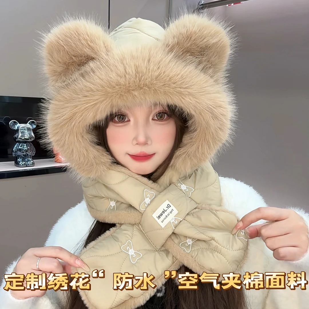 可爱网红韩系围巾帽子一体宝宝防风二件套加绒加厚百搭