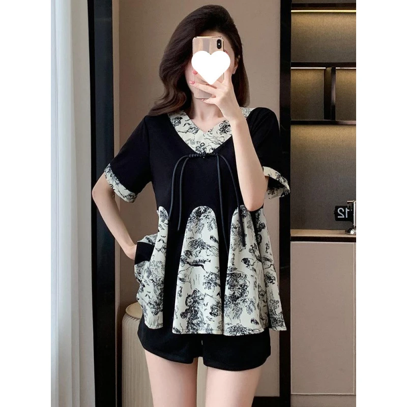 大码新中式国风短袖衬衫水墨画夏季胖妹妹遮肚子盘扣减龄两件套装