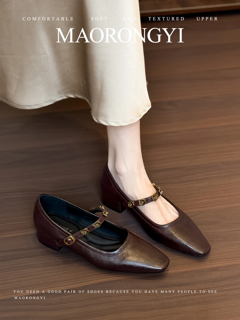 法式复古一字式扣带方头单鞋女2025秋季新款软底粗跟玛丽珍女鞋